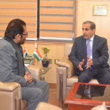 Saudi Arabia Ambassador in India H.E. Dr. Saud Mohammed Al-Sati today met me at Antyodaya Bhawan. Various issues concerned to Haj 2018 were discussed in detail.